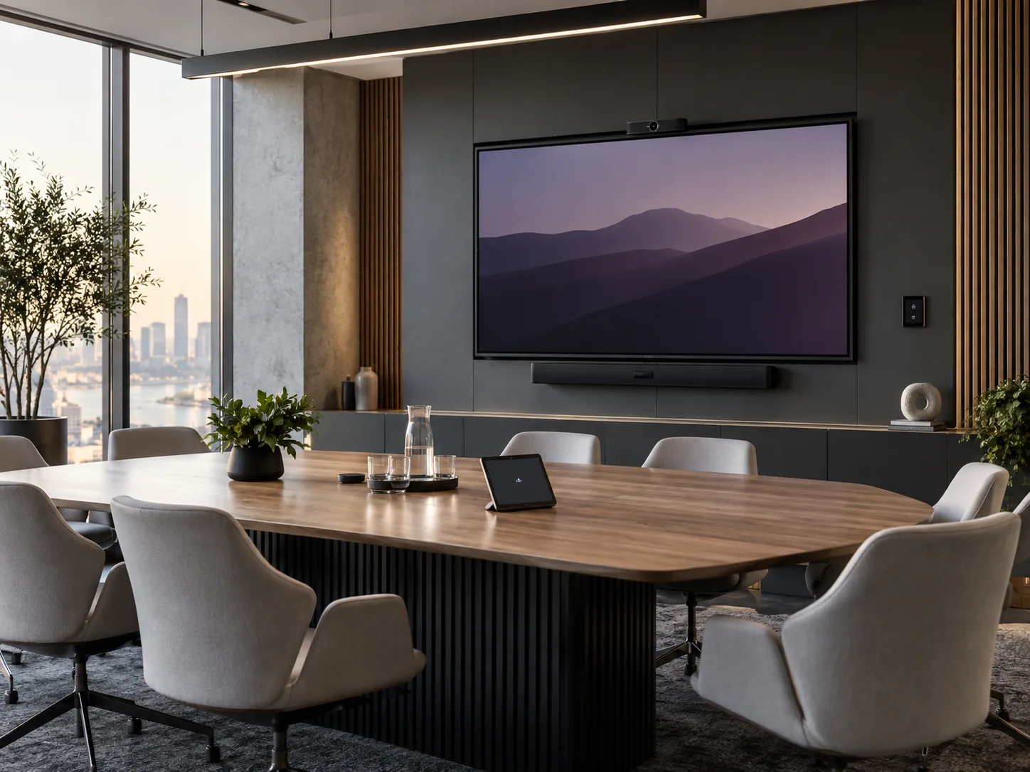 Salle de réunion contemporaine équipée d’un grand écran professionnel et d’un système audiovisuel intégré