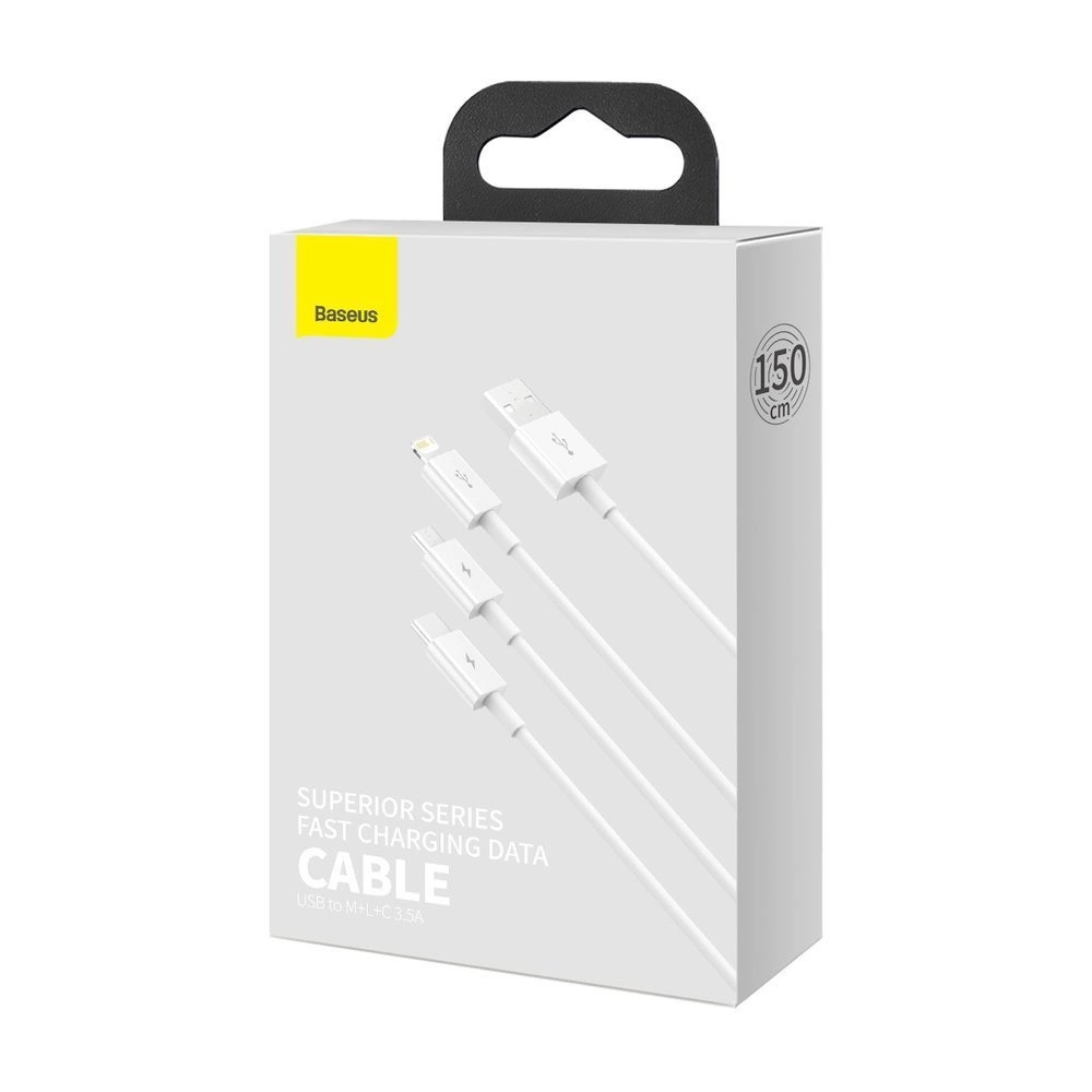 baseus cable 3in1 usb to usb c lightning micro usb 1 5m 3 5a white camltys 02 7