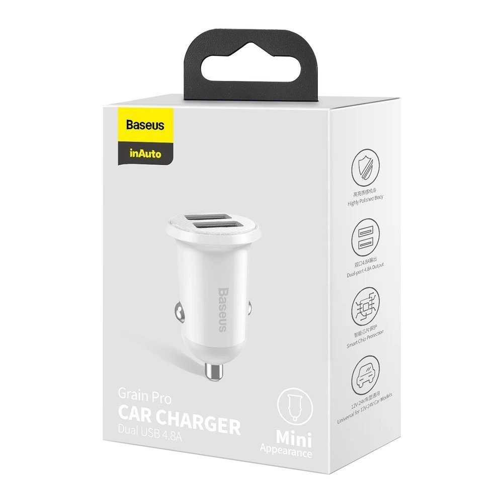 chargeur de voiture baseus grain pro double usb 4.8a blanc ccallp 02 3