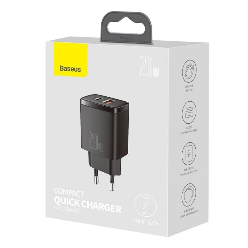 chargeur mural rapide compact baseus 20w avec port usb qc3 0 et port usb c pd 3 0 noir ccxj b01 5